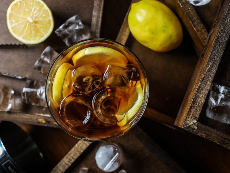 top view iced tea with lemon in a glass